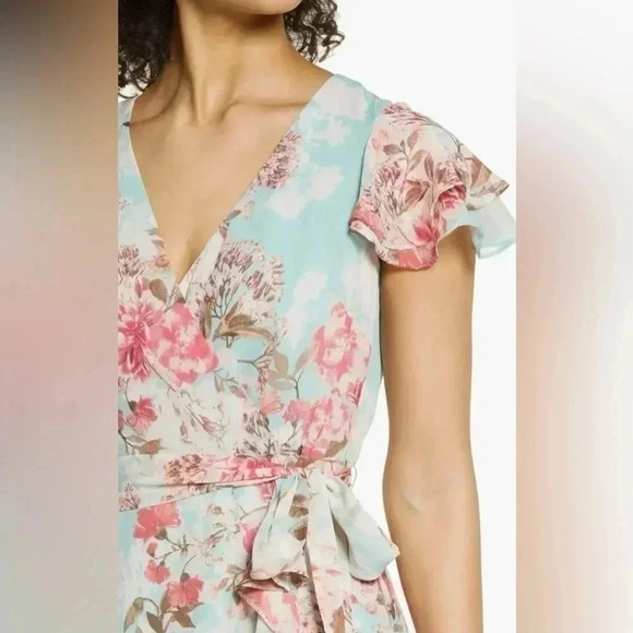 Eliza J Women’s Mint Green Flutter Floral Midi Sleeveless Belted Dress Size 8 - Picture 3 of 11